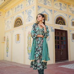Women Muslin kurta with bead work embroidery , solid bottom & Dupatta Set