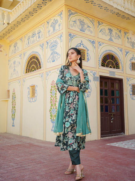 Women Muslin kurta with bead work embroidery , solid bottom & Dupatta Set
