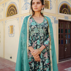 Women Muslin kurta with bead work embroidery , solid bottom & Dupatta Set
