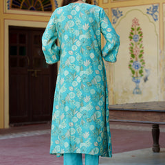 Women Muslin pleated kurta with bead work Neckline & Solid Bottom Set