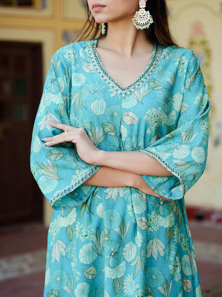 Women Muslin pleated kurta with bead work Neckline & Solid Bottom Set