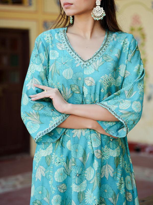 Women Muslin pleated kurta with bead work Neckline & Solid Bottom Set