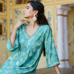Women Muslin pleated kurta with bead work Neckline & Solid Bottom Set