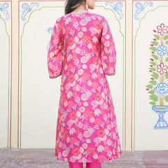 Women Muslin pleated kurta with bead work Neckline & Solid Bottom Set