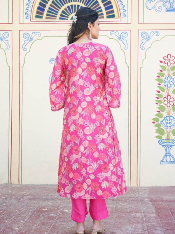 Women Muslin pleated kurta with bead work Neckline & Solid Bottom Set