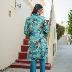 Women Teal Blue Muslin Tucks kurta with sequence Shirt Collar & Solid Bottom Set
