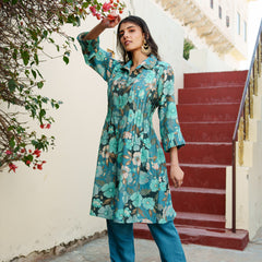 Women Teal Blue Muslin Tucks kurta with sequence Shirt Collar & Solid Bottom Set