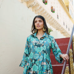 Women Teal Blue Muslin Tucks kurta with sequence Shirt Collar & Solid Bottom Set