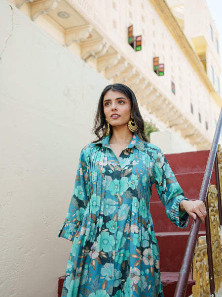 Women Teal Blue Muslin Tucks kurta with sequence Shirt Collar & Solid Bottom Set