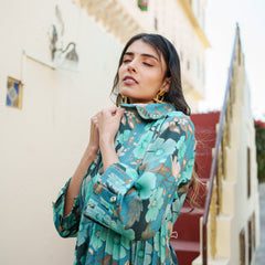 Women Teal Blue Muslin Tucks kurta with sequence Shirt Collar & Solid Bottom Set