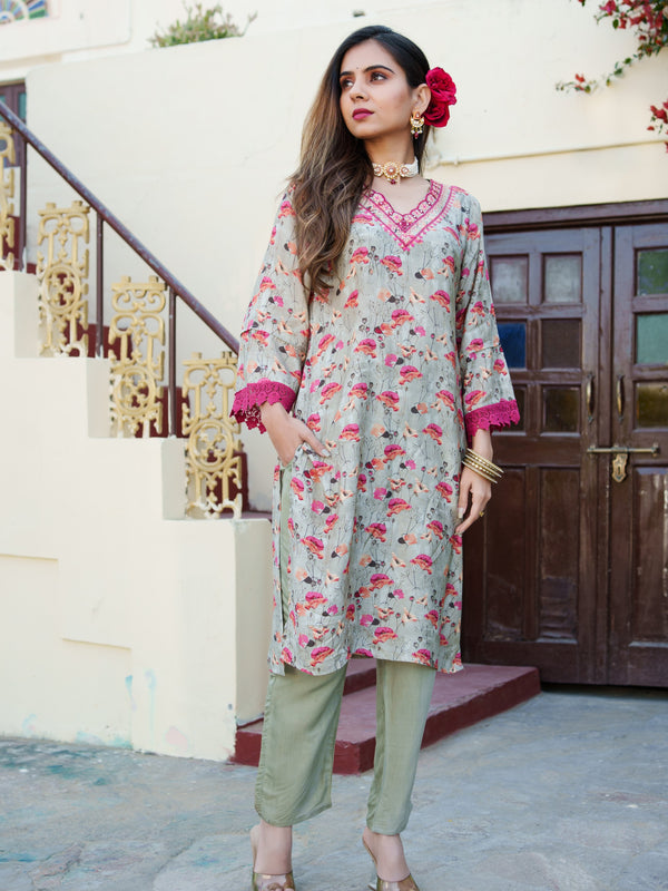 Women Pista Green Muslin Kurta With Cut Work Embroidered Neckline & Solid Bottom Set