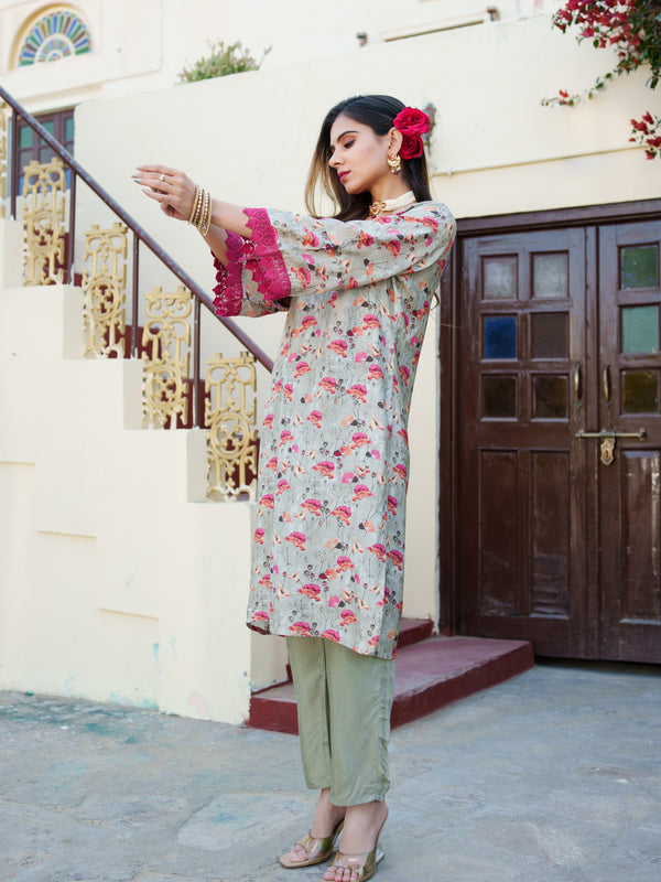 Women Pista Green Muslin Kurta With Cut Work Embroidered Neckline & Solid Bottom Set