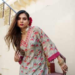 Women Pista Green Muslin Kurta With Cut Work Embroidered Neckline & Solid Bottom Set