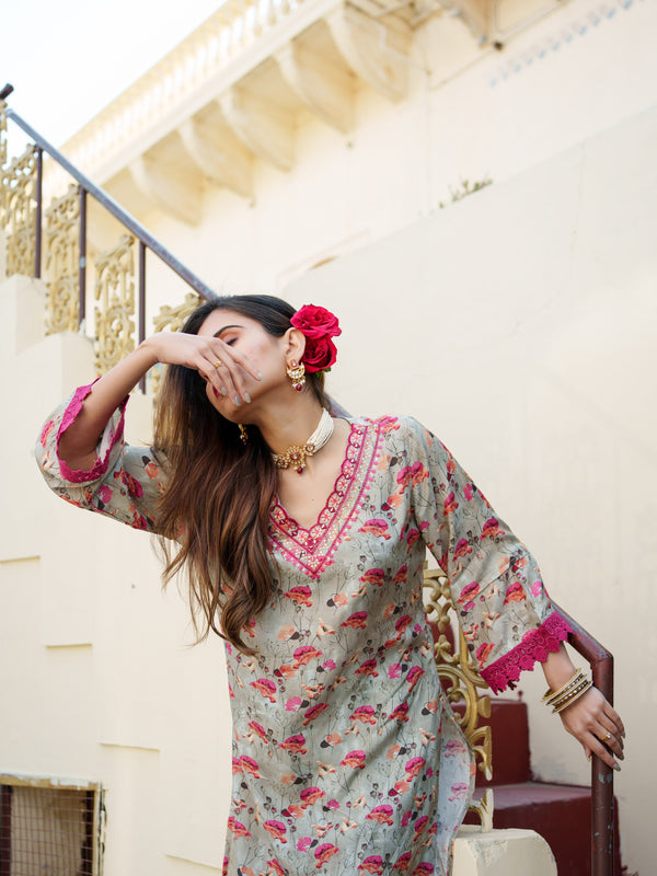 Women Pista Green Muslin Kurta With Cut Work Embroidered Neckline & Solid Bottom Set
