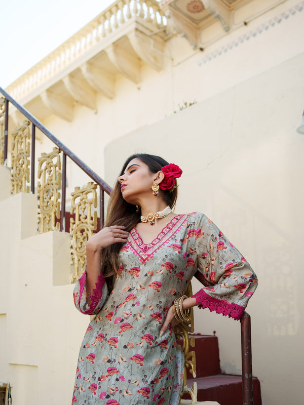 Women Pista Green Muslin Kurta With Cut Work Embroidered Neckline & Solid Bottom Set