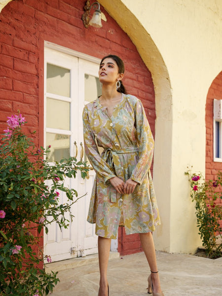 Women Muslin Floral Printed  Knee length Dress with Belt