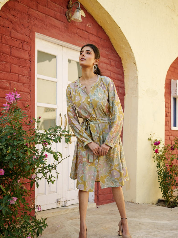 Women Muslin Floral Printed  Knee length Dress with Belt