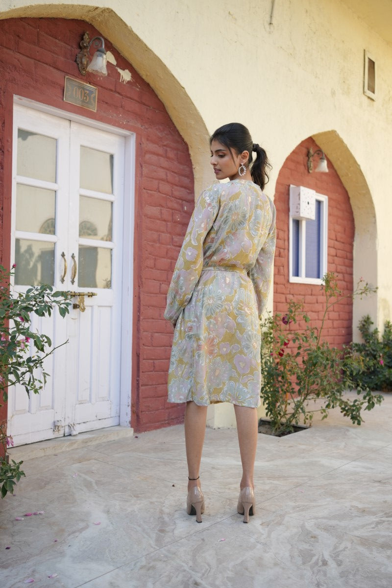 Women Muslin Floral Printed  Knee length Dress with Belt