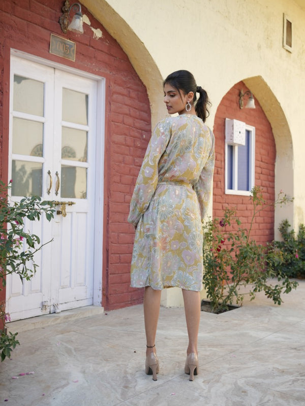 Women Muslin Floral Printed  Knee length Dress with Belt