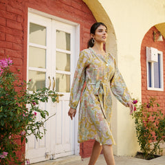 Women Muslin Floral Printed  Knee length Dress with Belt