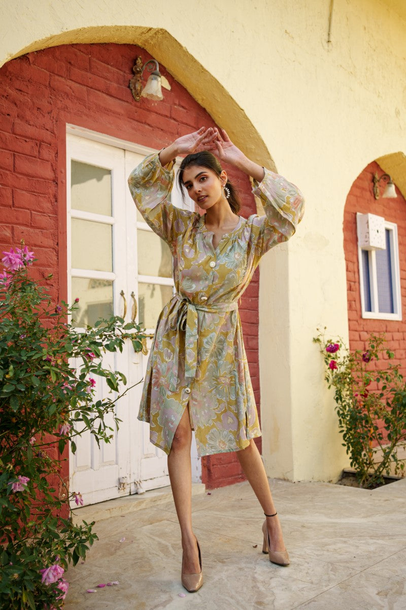 Women Muslin Floral Printed  Knee length Dress with Belt