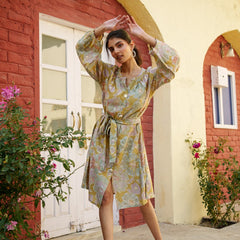 Women Muslin Floral Printed  Knee length Dress with Belt