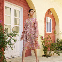 Women Muslin Floral Printed  Knee length Dress with Belt