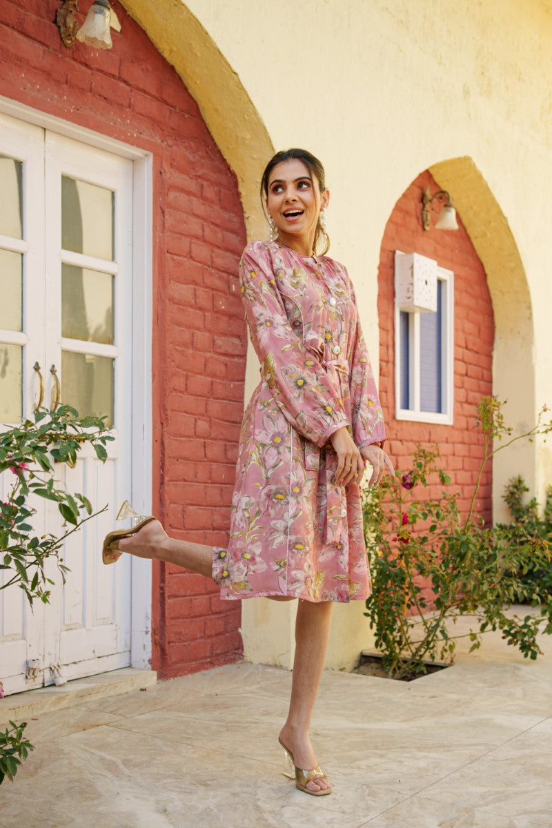 Women Muslin Floral Printed  Knee length Dress with Belt