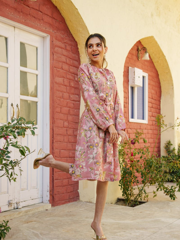 Women Muslin Floral Printed  Knee length Dress with Belt