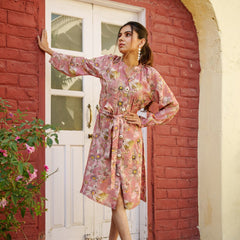 Women Muslin Floral Printed  Knee length Dress with Belt
