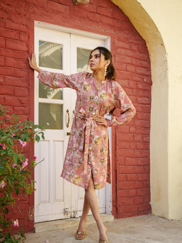 Women Muslin Floral Printed  Knee length Dress with Belt
