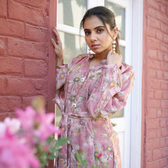 Women Muslin Floral Printed  Knee length Dress with Belt