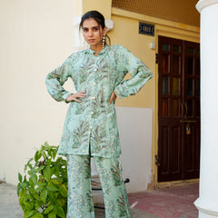 Women Sky Blue Muslin Printed Cord Set with embroidered Shirt & Bottom Set