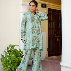 Women Sky Blue Muslin Printed Cord Set with embroidered Shirt & Bottom Set