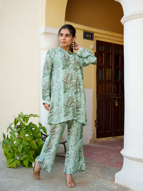 Women Sky Blue Muslin Printed Cord Set with embroidered Shirt & Bottom Set