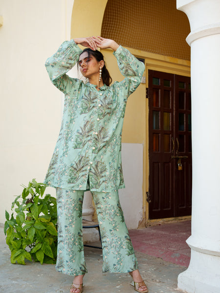 Women Sky Blue Muslin Printed Cord Set with embroidered Shirt & Bottom Set