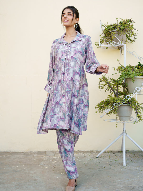 Women Muslin Printed Cord Set with Lace detail & Bottom Set