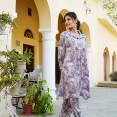 Women Muslin Printed Cord Set with Lace detail & Bottom Set