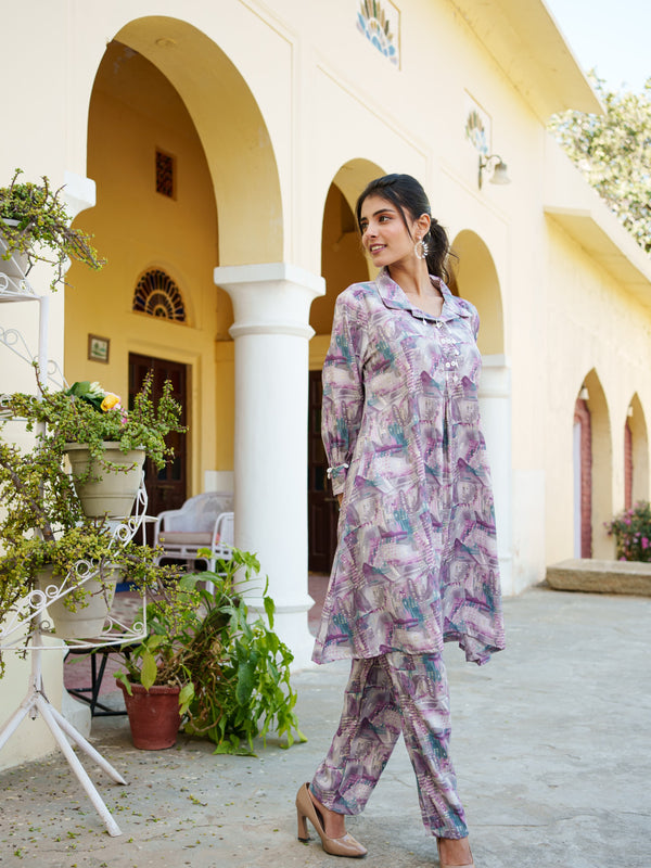 Women Muslin Printed Cord Set with Lace detail & Bottom Set