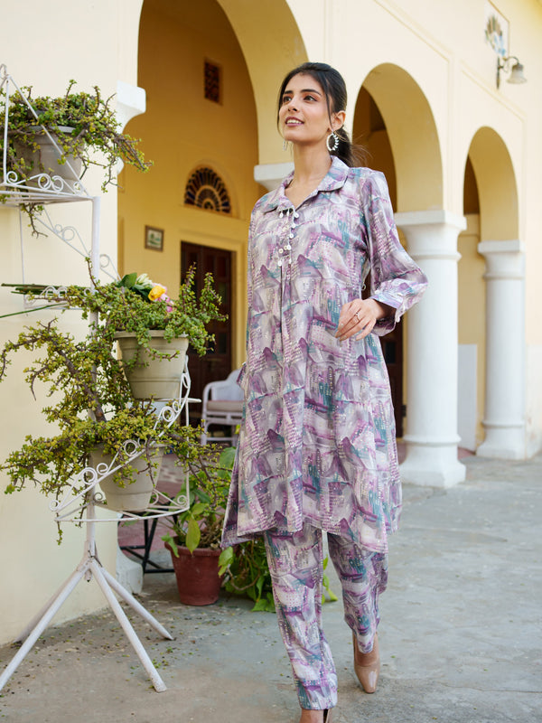 Women Muslin Printed Cord Set with Lace detail & Bottom Set