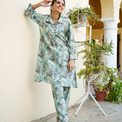 Women Muslin Printed Cord Set with Lace detail & Bottom Set