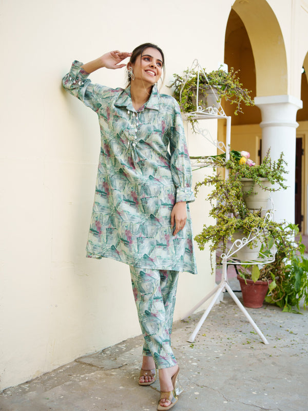 Women Muslin Printed Cord Set with Lace detail & Bottom Set