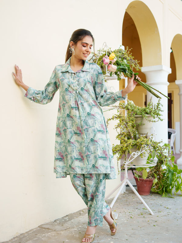 Women Muslin Printed Cord Set with Lace detail & Bottom Set