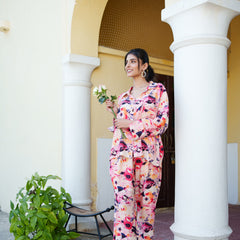 Women Peach Muslin Floral Printed Cord Set with Embroidered Pocket detail & Bottom Set