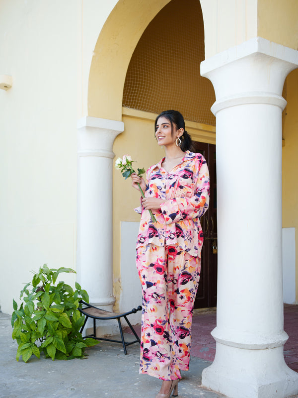 Women Peach Muslin Floral Printed Cord Set with Embroidered Pocket detail & Bottom Set