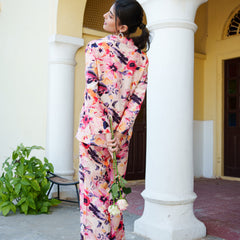 Women Peach Muslin Floral Printed Cord Set with Embroidered Pocket detail & Bottom Set