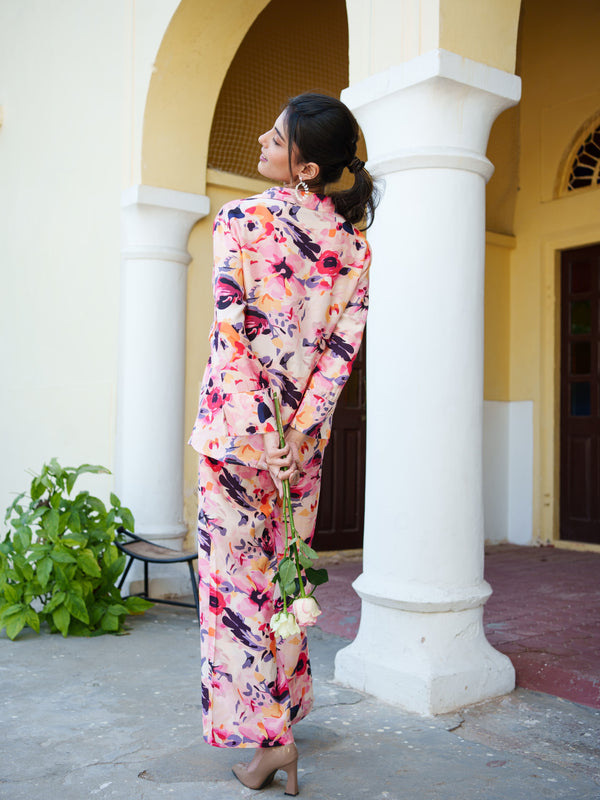 Women Peach Muslin Floral Printed Cord Set with Embroidered Pocket detail & Bottom Set
