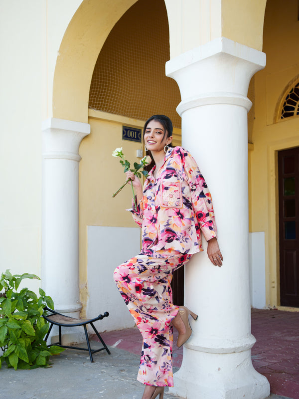 Women Peach Muslin Floral Printed Cord Set with Embroidered Pocket detail & Bottom Set