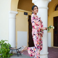 Women Peach Muslin Floral Printed Cord Set with Embroidered Pocket detail & Bottom Set