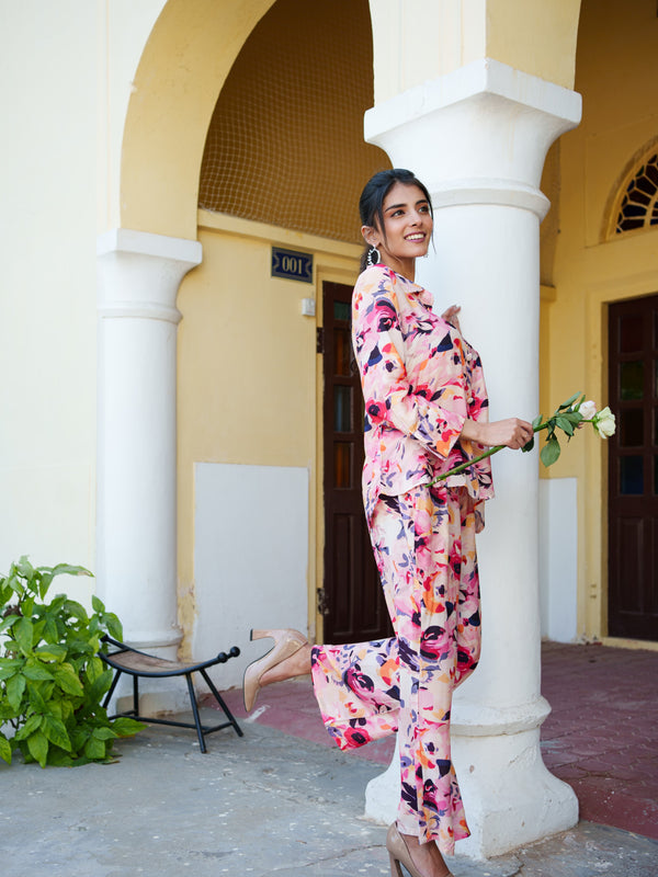 Women Peach Muslin Floral Printed Cord Set with Embroidered Pocket detail & Bottom Set
